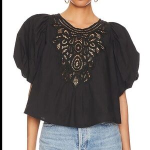 Free People Bardot Black Crocheted Yoke Puff Sleeve Top Medium